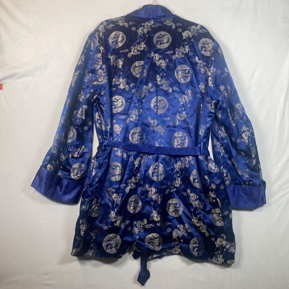 Vintage Squirrel Dragon Print Blue Satin Robe Belted Kimono Style Size 50 - Picture 2 of 11